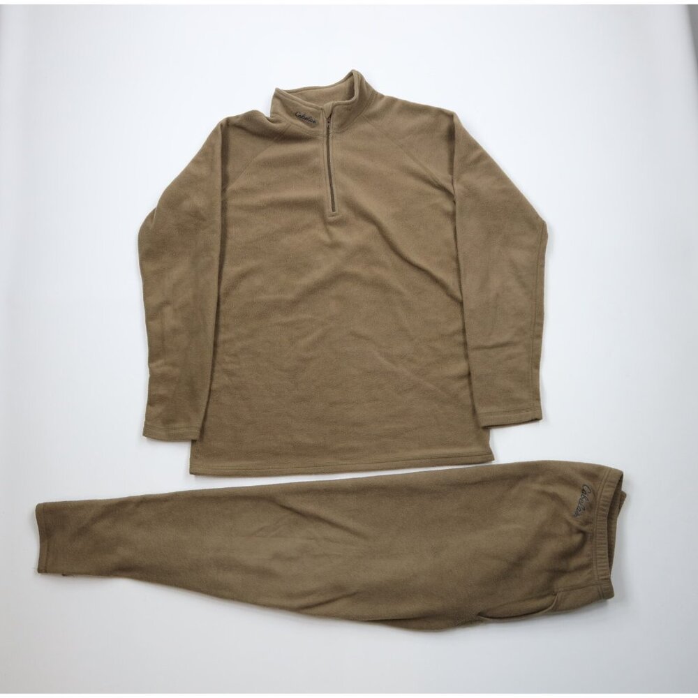 Vintage Cabelas Mens Large Tall Faded 2 Piece Thermal Fleece Suit Outfit Brown